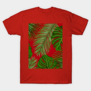 Tropical Leaves on a Red Background T-Shirt